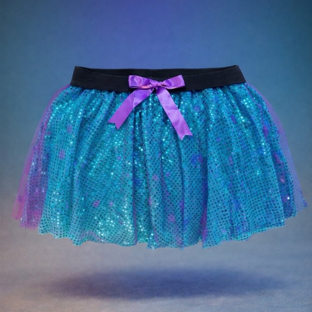 Vibrant Blue Sequin Mini Skirt with Purple Bow